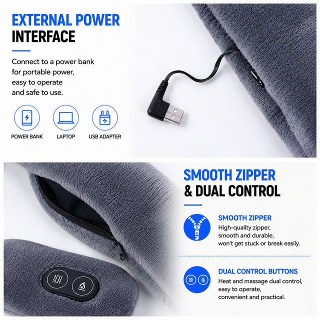 Red Plush USB Heated Massage Neck Scarf with 3 Temp & 3 Vibration Massage Modes - Washable Winter Neck Warmer, Built-in Power Bank Zippered Storage Bag for Men and Women