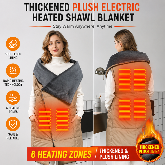 Dark Blue Wearable Heated Blanket Shawl for Women - USB Powered Electric Heating Wrap with 6 Carbon Fiber Heating Zones, 3 Temp Levels and Washable Multi Use Design