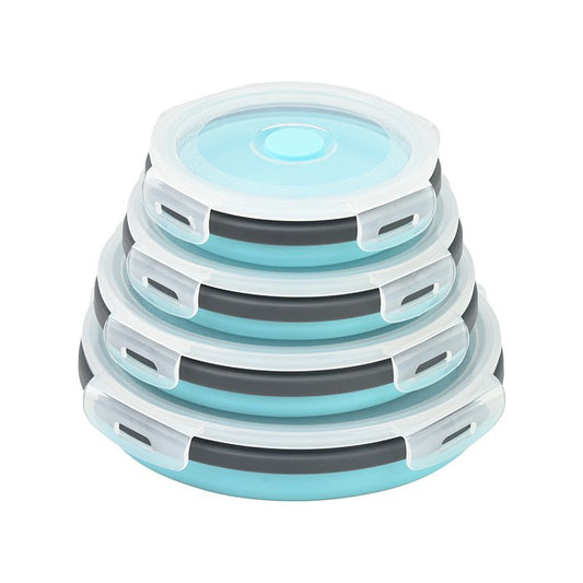 4 Piece Blue and Grey Silicone Collapsible Food Storage Container Set - Microwave Safe Foldable Lunch Box Set with Leakproof Clip Lock Lid & 4 Sizes 350/500/800/1200ML for Meal Prep Picnic Travel and Fridge Storage