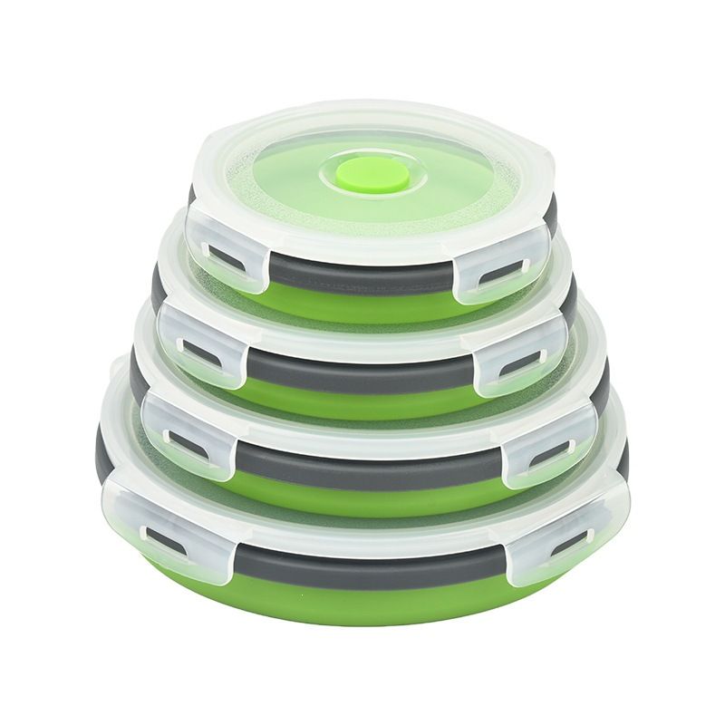 4 Piece Green and Grey Silicone Collapsible Food Storage Container Set - Microwave Safe Foldable Lunch Box Set with Leakproof Clip Lock Lid & 4 Sizes 350/500/800/1200ML for Meal Prep Picnic Travel and Fridge Storage