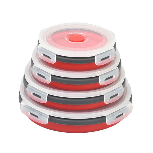 4 Piece Red and Grey Silicone Collapsible Food Storage Container Set - Microwave Safe Foldable Lunch Box Set with Leakproof Clip Lock Lid & 4 Sizes 350/500/800/1200ML for Meal Prep Picnic Travel and Fridge Storage