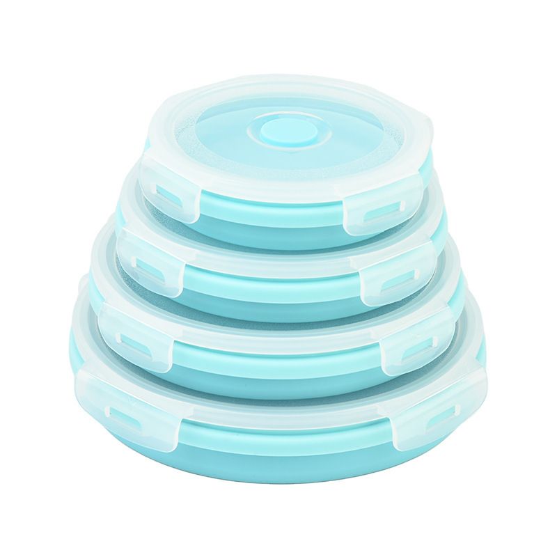 4 Piece Blue Silicone Collapsible Food Storage Container Set - Microwave Safe Foldable Lunch Box Set with Leakproof Clip Lock Lid & 4 Sizes 350/500/800/1200ML for Meal Prep Picnic Travel and Fridge Storage