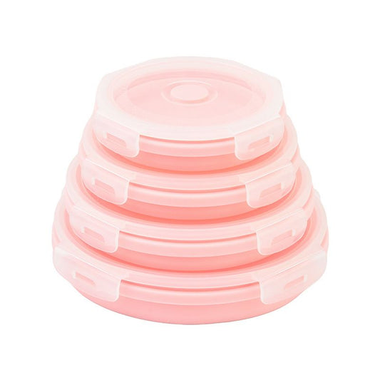 4 Piece Pink Silicone Collapsible Food Storage Container Set - Microwave Safe Foldable Lunch Box Set with Leakproof Clip Lock Lid & 4 Sizes 350/500/800/1200ML for Meal Prep Picnic Travel and Fridge Storage