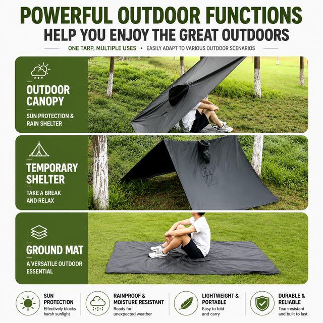 3-in-1 Black Camping Rain Poncho / Outdoor Shelter Tarp / Ground Sheet (82.7 x 55 inch) with 2 Pairs Rain Shoe Covers - Large Backpack Coverage, Drawstring Hood and Carry Bag for Hiking Trekking Cycling Use