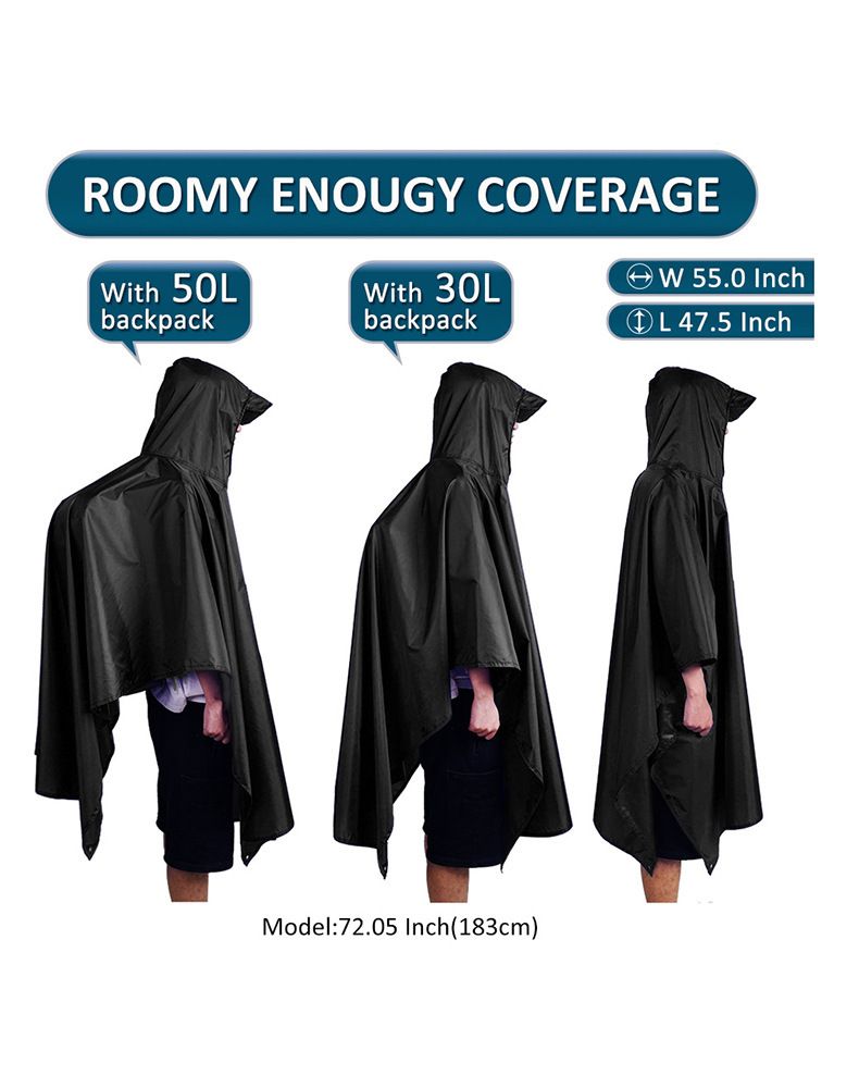 3-in-1 Black Camping Rain Poncho / Outdoor Shelter Tarp / Ground Sheet (82.7 x 55 inch) with 2 Pairs Rain Shoe Covers - Large Backpack Coverage, Drawstring Hood and Carry Bag for Hiking Trekking Cycling Use