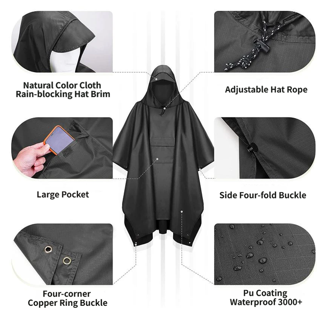 3-in-1 Brown Camping Rain Poncho / Outdoor Shelter Tarp / Ground Sheet (82.7 x 55 inch) with 2 Pairs Rain Shoe Covers - Large Backpack Coverage, Drawstring Hood and Carry Bag for Hiking Trekking Cycling Use