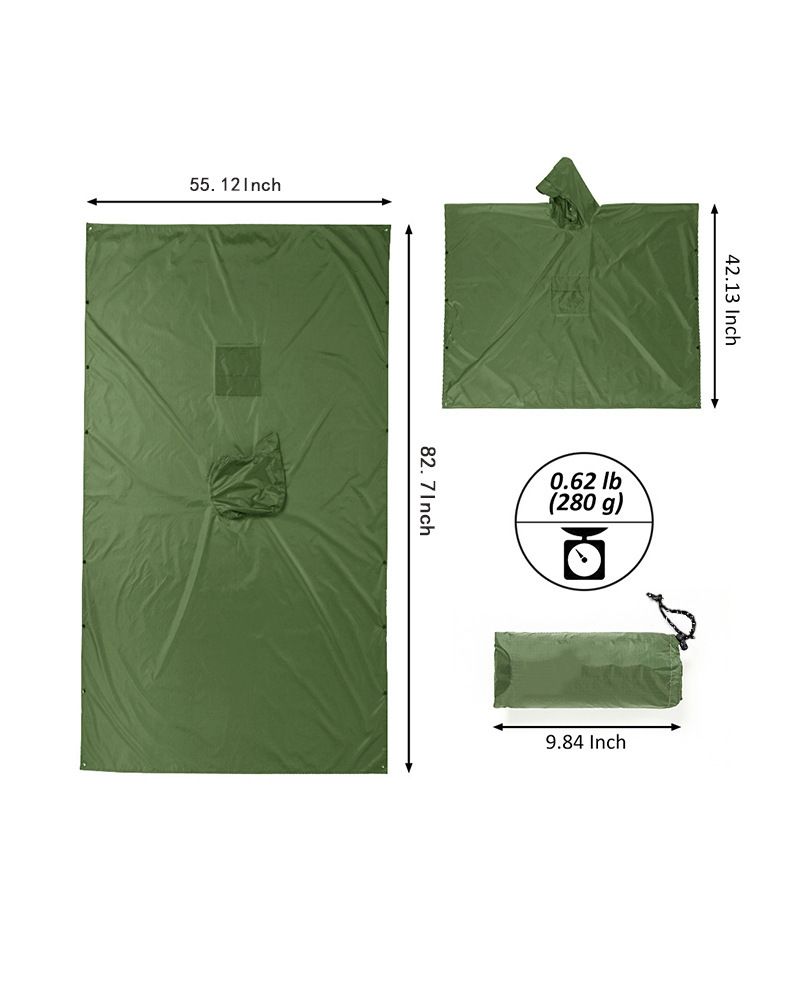 3-in-1 Brown Camping Rain Poncho / Outdoor Shelter Tarp / Ground Sheet (82.7 x 55 inch) with 2 Pairs Rain Shoe Covers - Large Backpack Coverage, Drawstring Hood and Carry Bag for Hiking Trekking Cycling Use
