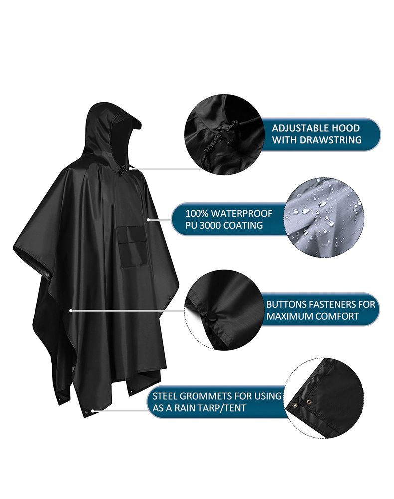3-in-1 Green Camping Rain Poncho / Outdoor Shelter Tarp / Ground Sheet (82.7 x 55 inch) with 2 Pairs Rain Shoe Covers - Large Backpack Coverage, Drawstring Hood and Carry Bag for Hiking Trekking Cycling Use