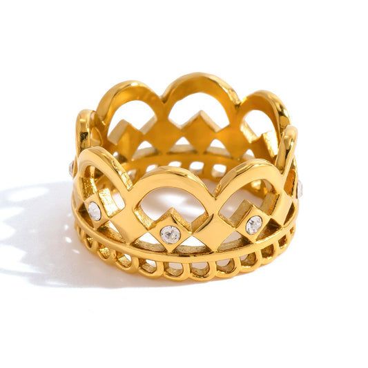 Style 4 Vintage Gold-Plated Stainless Steel Ring for Women - Waterproof Hypoallergenic Stackable Statement Rings, Crown Pearl Crystal & Lace Style Collection Size 7 Inner Diameter 0.68 in