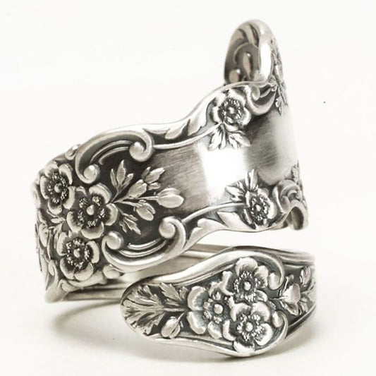 Vintage Camellia Wrap Spoon Ring with Jewelry Box, Adjustable Floral Petal Statement Open Bands for Women Men Promise Wedding Engagement Statement, Silver Plated Size 8 Circumference 56.8mm