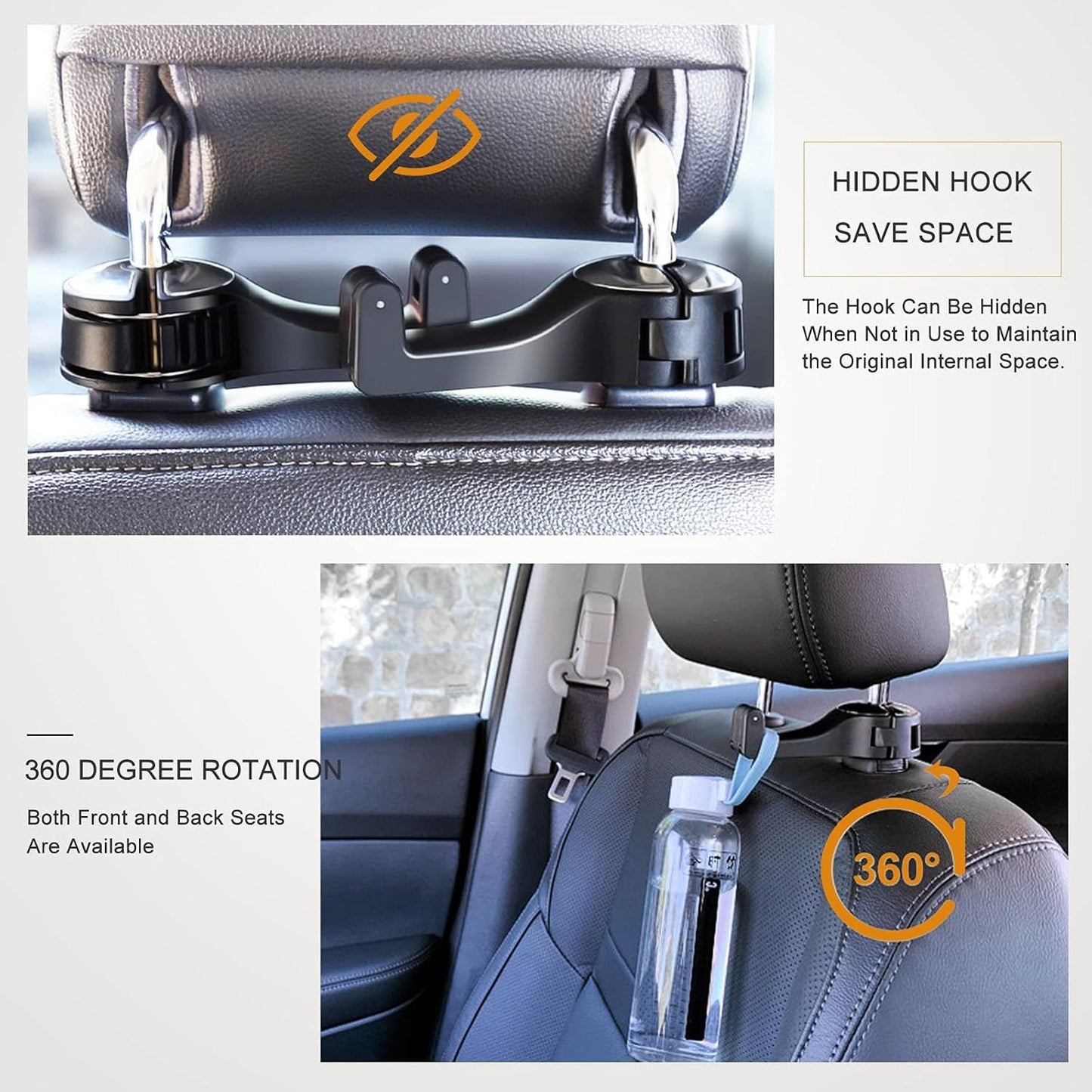 4 Pack Silver Car Headrest Hook with Phone Holder for Purses Bags and 4-6.5 Inch Smartphones, Universal 360 Rotation Back Seat Storage Hook and Mobile Stand