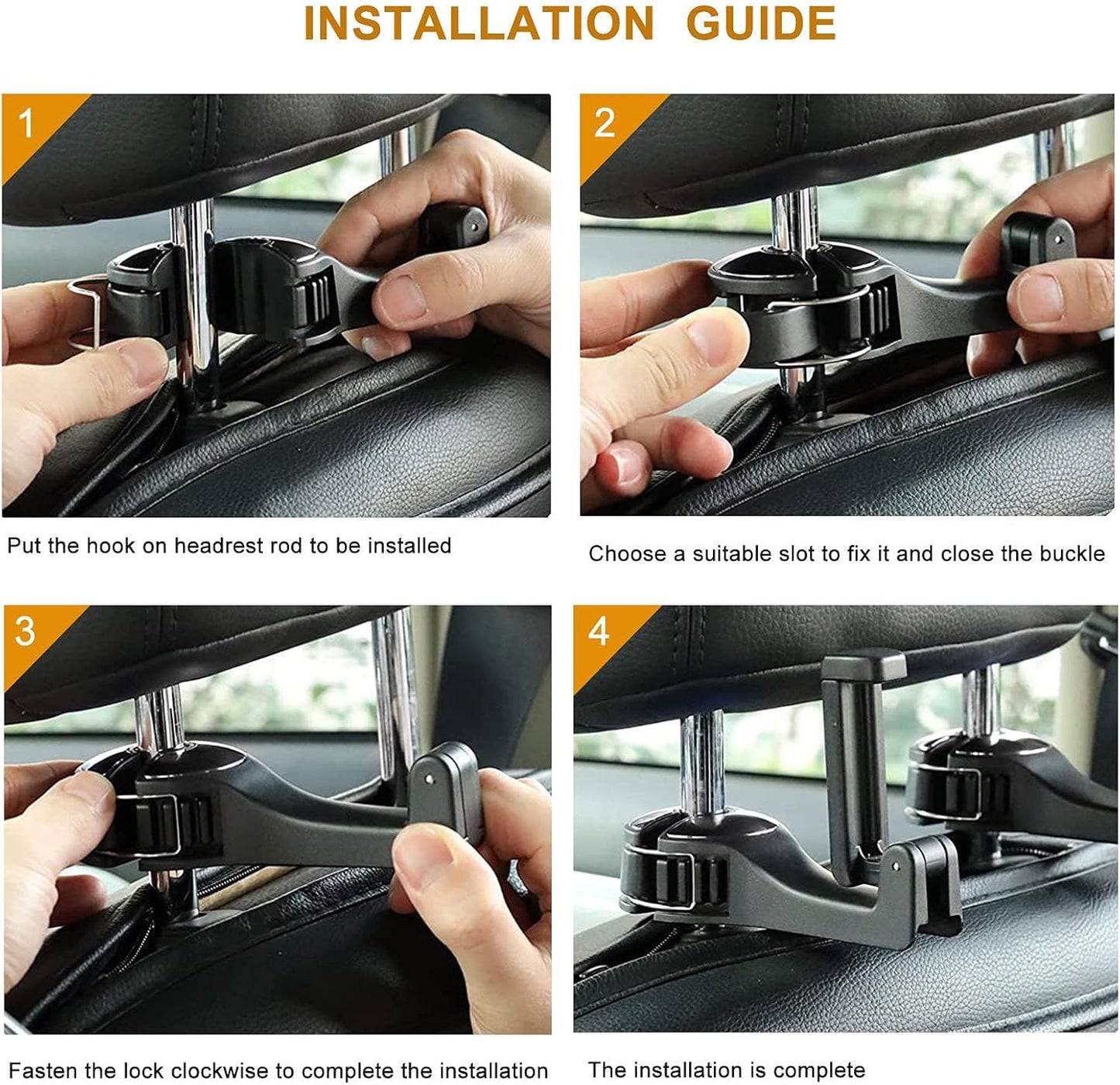 4 Pack Gold Car Headrest Hook with Phone Holder for Purses Bags and 4-6.5 Inch Smartphones, Universal 360 Rotation Back Seat Storage Hook and Mobile Stand