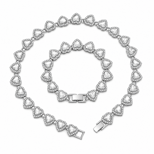 Silver-Plated Heart Rhinestone Cuban Link 20 inch Tennis Necklace and 8 inch Tennis Bracelet Set for Women, Crystal Heart Chain Fashion Jewelry Accessories with Gift Box