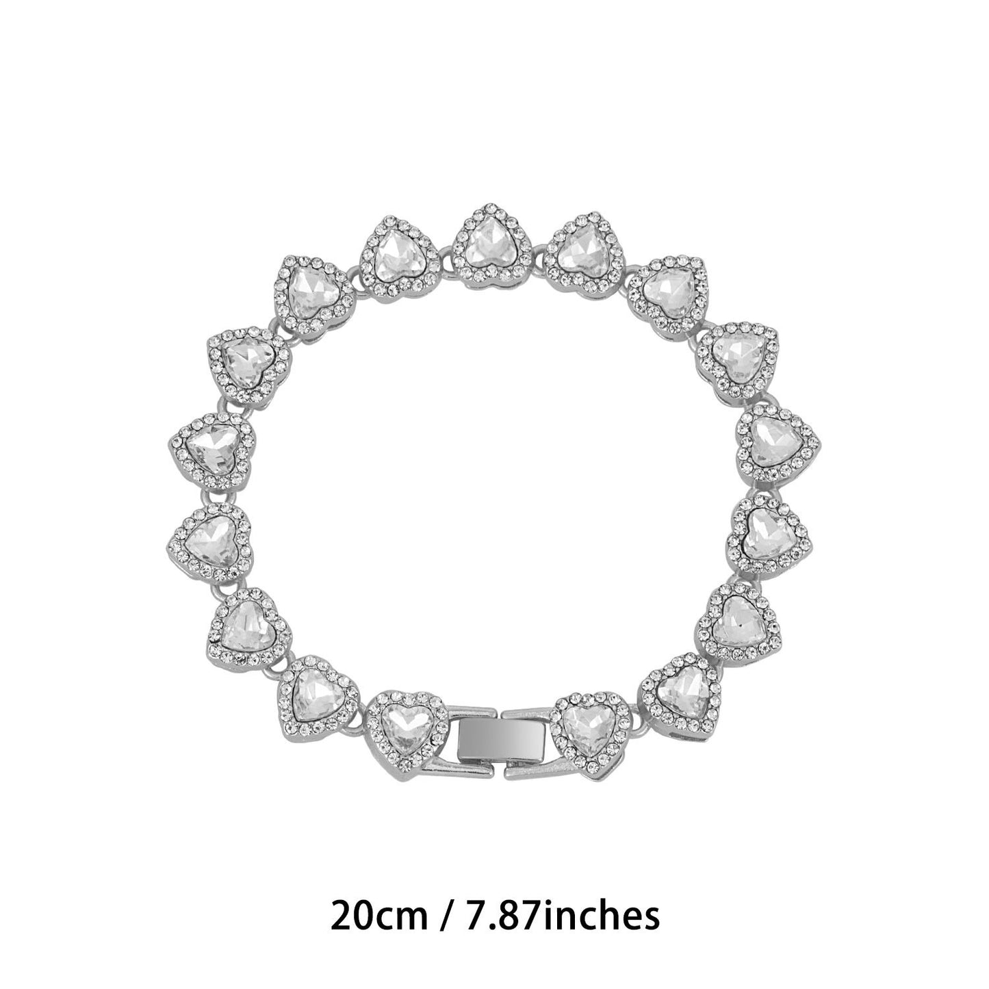 Silver-Plated Heart Rhinestone Cuban Link 20 inch Tennis Necklace and 8 inch Tennis Bracelet Set for Women, Crystal Heart Chain Fashion Jewelry Accessories with Gift Box