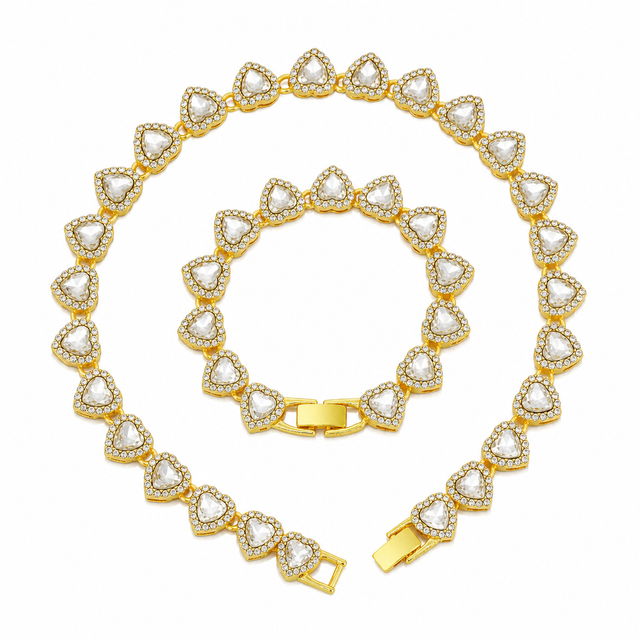 Gold-Plated Heart Rhinestone Cuban Link 20 inch Tennis Necklace and 8 inch Tennis Bracelet Set for Women, Crystal Heart Chain Fashion Jewelry Accessories with Gift Box