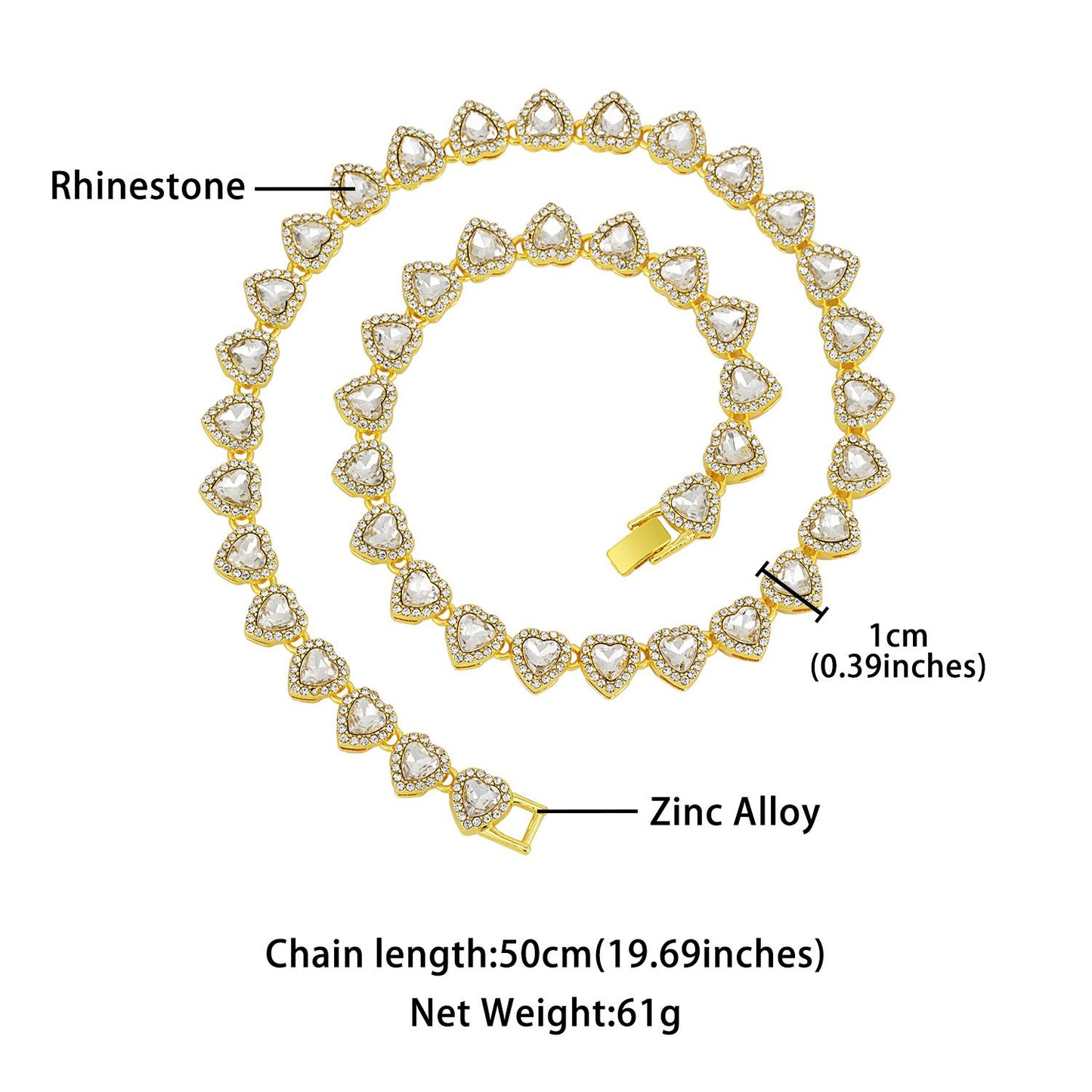 Gold-Plated Heart Rhinestone Cuban Link 20 inch Tennis Necklace and 8 inch Tennis Bracelet Set for Women, Crystal Heart Chain Fashion Jewelry Accessories with Gift Box