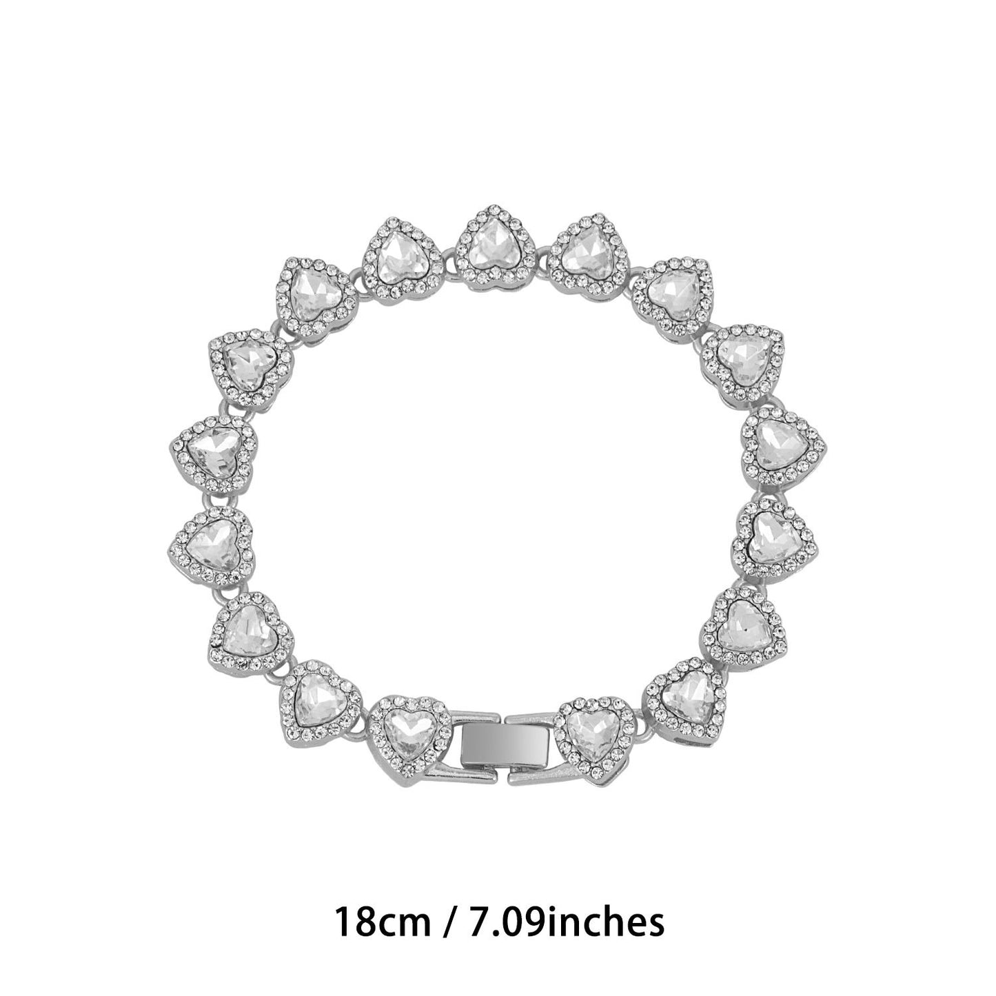 Silver-Plated Heart Rhinestone Cuban Link 18 inch Tennis Necklace and 7 inch Tennis Bracelet Set for Women, Crystal Heart Chain Fashion Jewelry Accessories with Gift Box