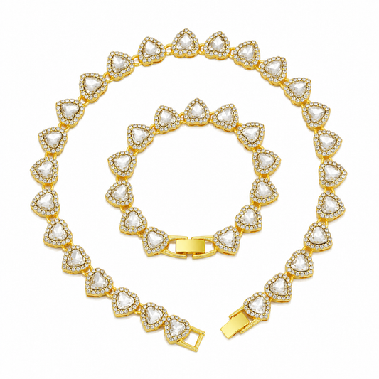 Gold-Plated Heart Rhinestone Cuban Link 18 inch Tennis Necklace and 7 inch Tennis Bracelet Set for Women, Crystal Heart Chain Fashion Jewelry Accessories with Gift Box