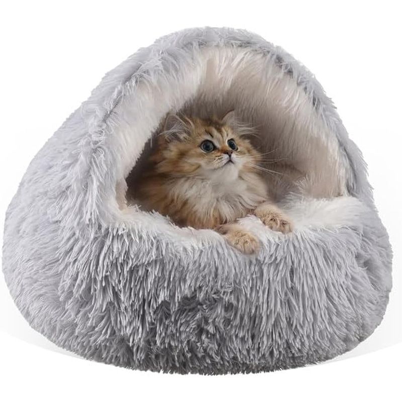 Grey Winter Long Plush Round Donut Cat Bed L Size Dia 50CM - Soft Fluffy Semi-Enclosed Pet Cave Bed with Non-Slip Base, Machine Washable for Cats Dogs Home and Travel Use