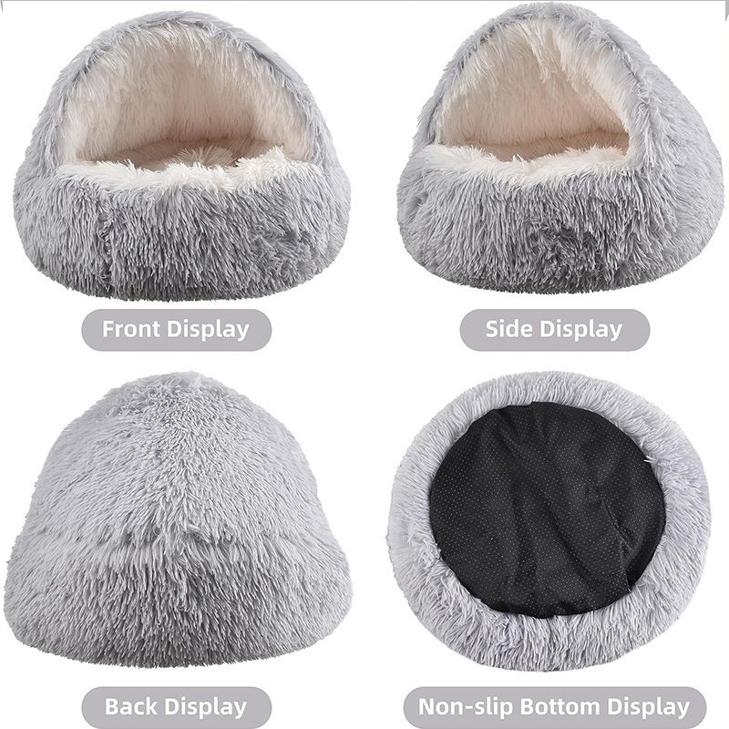Grey Winter Long Plush Round Donut Cat Bed L Size Dia 50CM - Soft Fluffy Semi-Enclosed Pet Cave Bed with Non-Slip Base, Machine Washable for Cats Dogs Home and Travel Use