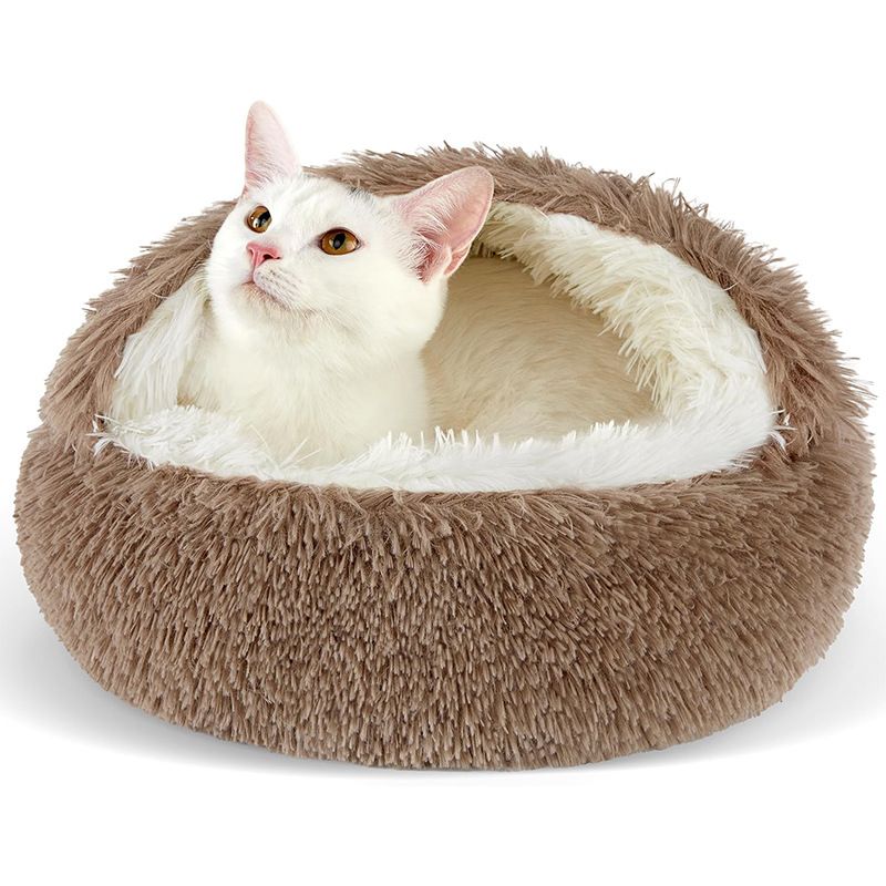 Brown Winter Long Plush Round Donut Cat Bed M Size Dia 40CM - Soft Fluffy Semi-Enclosed Pet Cave Bed with Non-Slip Base, Machine Washable for Cats Dogs Home and Travel Use