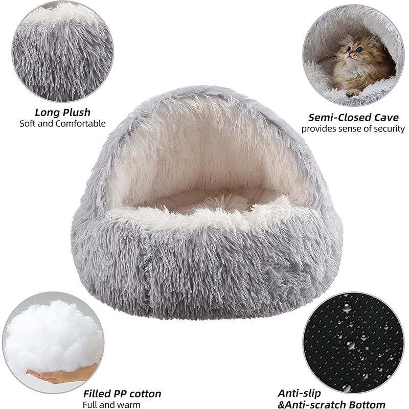 Brown Winter Long Plush Round Donut Cat Bed L Size Dia 50CM - Soft Fluffy Semi-Enclosed Pet Cave Bed with Non-Slip Base, Machine Washable for Cats Dogs Home and Travel Use