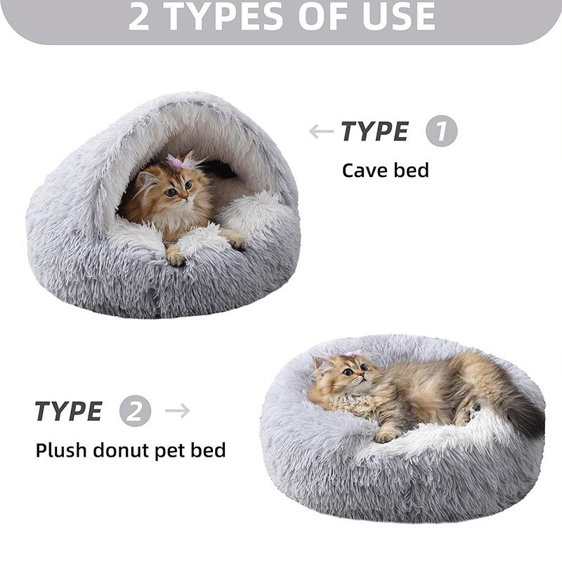 Brown Winter Long Plush Round Donut Cat Bed XL Size Dia 60CM - Soft Fluffy Semi-Enclosed Pet Cave Bed with Non-Slip Base, Machine Washable for Cats Dogs Home and Travel Use