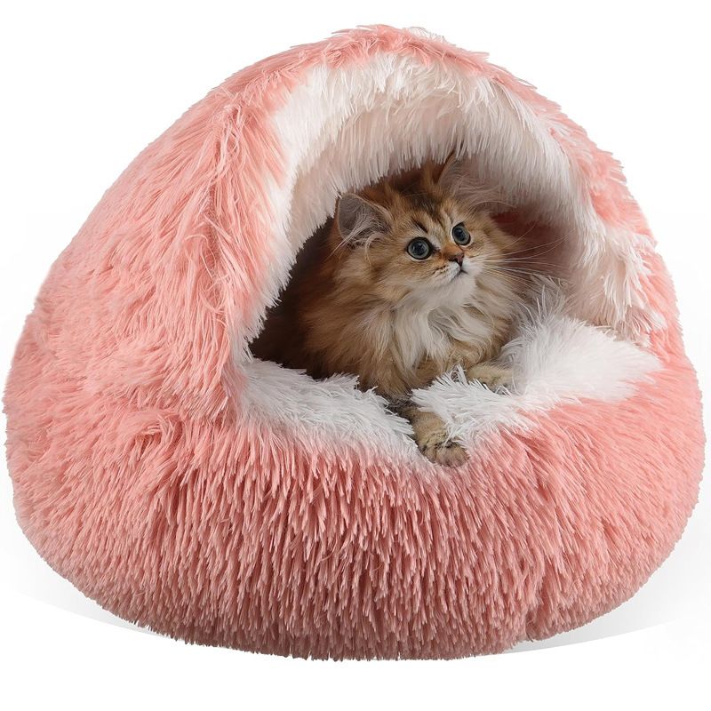 Pink Winter Long Plush Round Donut Cat Bed M Size Dia 40CM - Soft Fluffy Semi-Enclosed Pet Cave Bed with Non-Slip Base, Machine Washable for Cats Dogs Home and Travel Use
