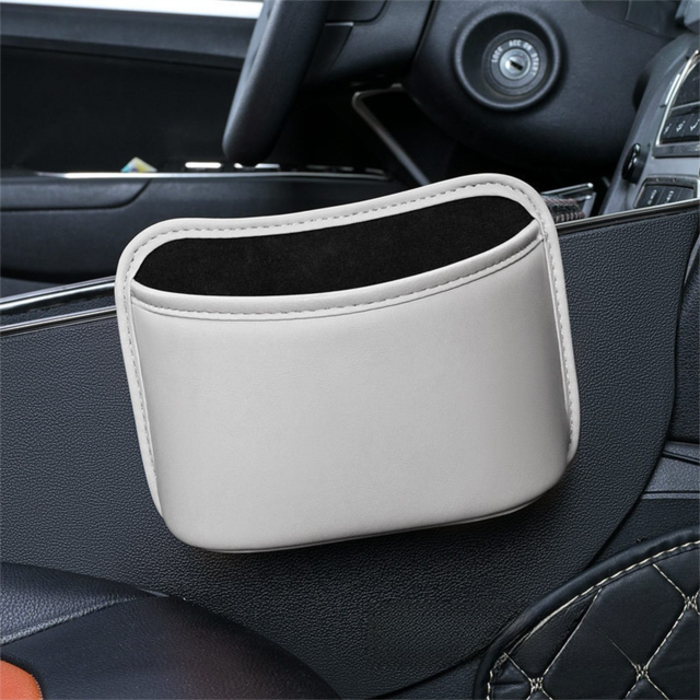 Grey White Waterproof Leather Car Hanging Storage Organizer with Back Clip 20 x 14.5CM – Mutifunctional Car Trash Bin Cup Holder Phone Storage Pocket for Seat Back, Door & Center Console