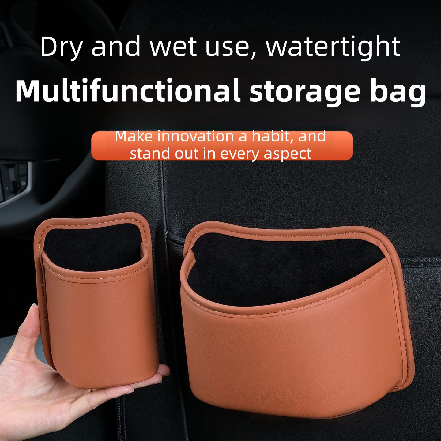 Orange Waterproof Leather Car Hanging Storage Organizer with Back Clip 14.5 x 10.5CM – Mutifunctional Car Trash Bin Cup Holder Phone Storage Pocket for Seat Back, Door & Center Console