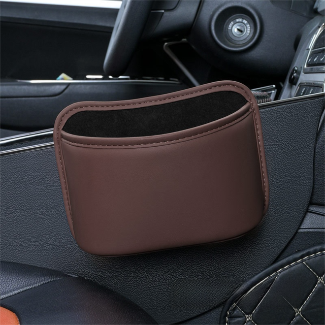 Coffee Waterproof Leather Car Hanging Storage Organizer with Back Clip 20 x 14.5CM – Mutifunctional Car Trash Bin Cup Holder Phone Storage Pocket for Seat Back, Door & Center Console