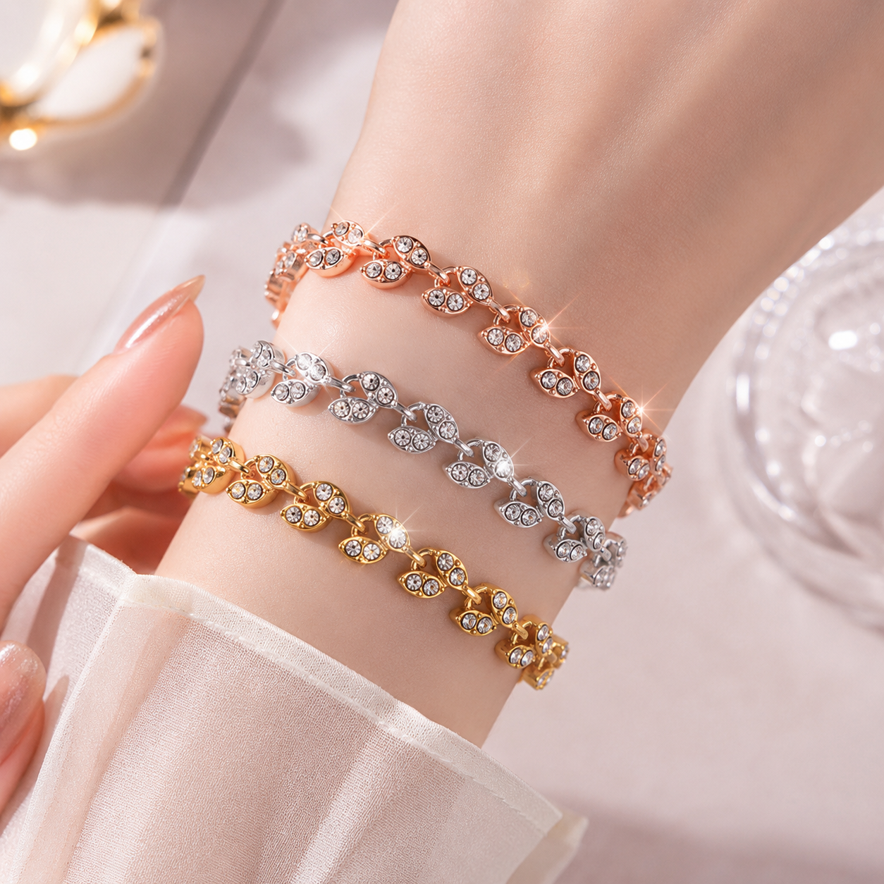 2 Pack Silver and Rose Gold Women's Crystal Leaf Bracelets with Gift Box – Elegant Rhinestone Alloy Link Bracelet, Minimalist Fashion Jewelry Gift for Women