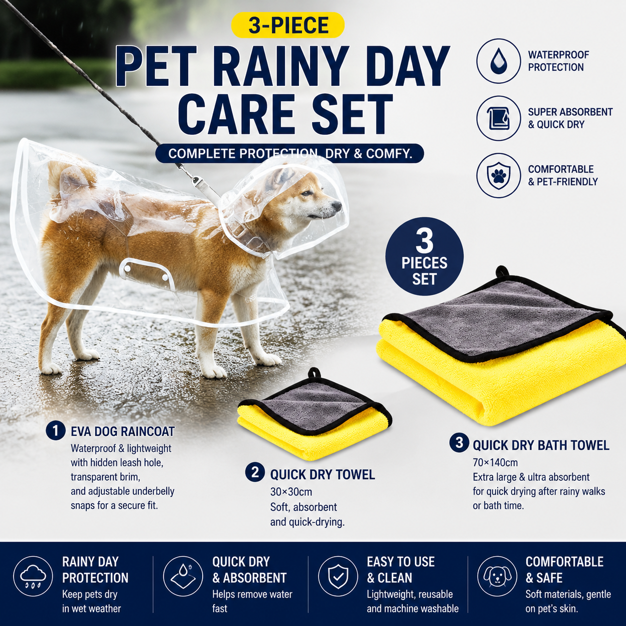 3 Piece Rainy Day Pet Care Set - 2XL Size Waterproof Dog Hooded EVA Transparent Raincoat with Full-Coverage Poncho Design Adjustable Snaps and Leash Access, Free High Absorbency Quick Dry 30 × 30cm Towel and 140 × 70cm Large Bath Towel for Small Medium La