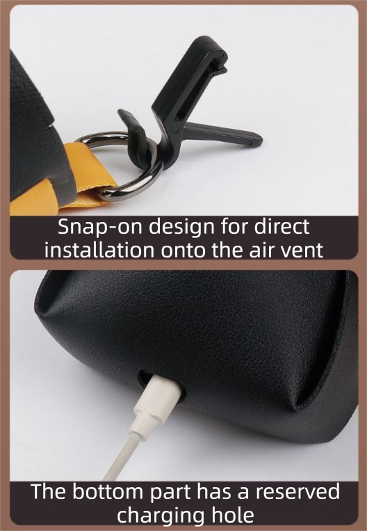 2-Pack Black Yellow Car Air Vent Leather Storage Pockets with Soft Velvet Lining & Vent Clip - Compact Hanging Organizer Storage Bag, Charging Cable Access and Open-top Design for Phone Keys Sunglasses and Bottles