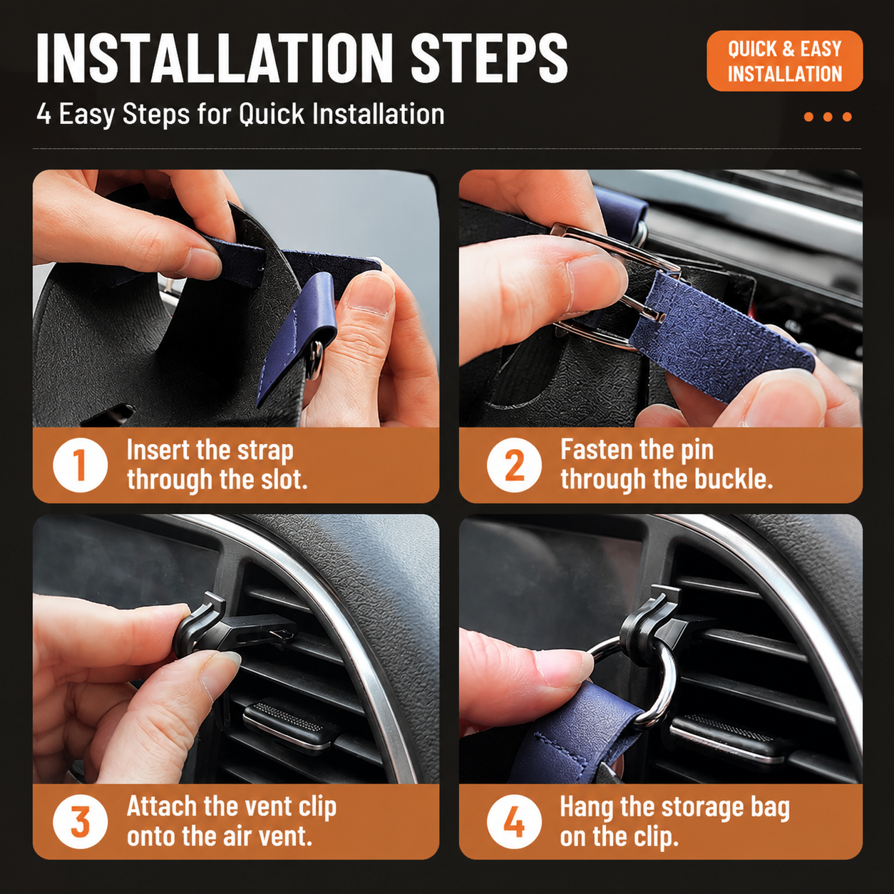 2-Pack Black Car Air Vent Leather Storage Pockets with Soft Velvet Lining & Vent Clip - Compact Hanging Organizer Storage Bag, Charging Cable Access and Open-top Design for Phone Keys Sunglasses and Bottles