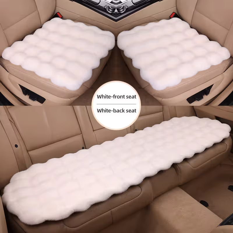 3-Piece Winter 3D Fluffy Bubble Fleece Car Seat Cushion Set - 2 x Plush Car Front Seat Cushions (45 x 45cm) and 1 x Rear Bench Pad (135 × 45 cm) with Non-Slip Backing, Universal Soft Warm Car Seat Cover, White