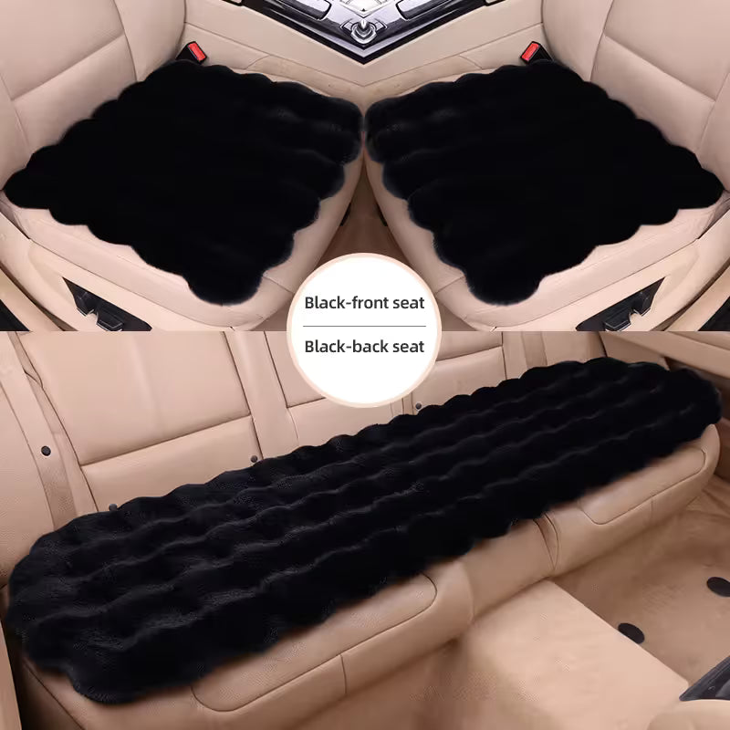 3-Piece Winter 3D Fluffy Bubble Fleece Car Seat Cushion Set - 2 x Plush Car Front Seat Cushions (45 x 45cm) and 1 x Rear Bench Pad (135 × 45 cm) with Non-Slip Backing, Universal Soft Warm Car Seat Cover, Black