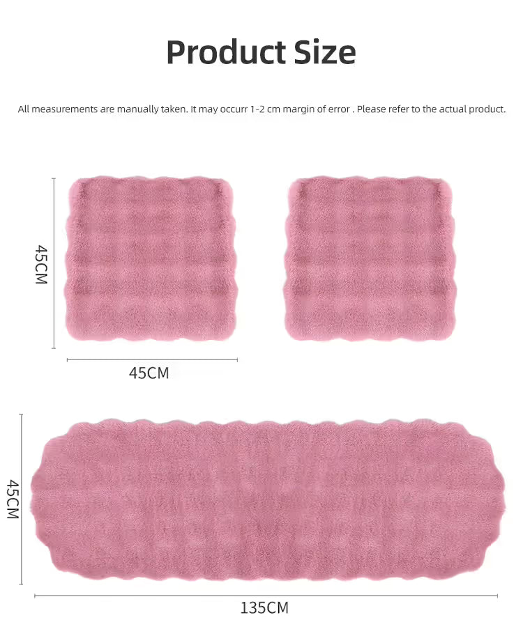 3-Piece Winter 3D Fluffy Bubble Fleece Car Seat Cushion Set - 2 x Plush Car Front Seat Cushions (45 x 45cm) and 1 x Rear Bench Pad (135 × 45 cm) with Non-Slip Backing, Universal Soft Warm Car Seat Cover, Pink