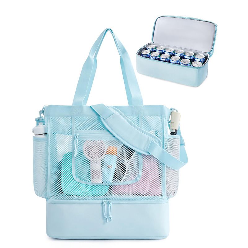 16.5 x 7.9 x 18.9" Light Blue Beach Travel Mesh Tote Bag with 14L Insulated Drink Compartment - Multi Pockets Sandproof Beach Picnic Bag with Picnic Mat Strap, Cup Holder and Waterproof Phone Pocket