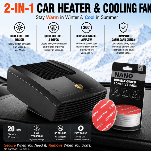 Black Compact 360° Adjustable Car Heater Fan with 20PCS Removable Nano Double Sided Adhesive Pads - Fast Defrost & Demister, Dual Mode Heat & Cooling Fan, Free No Trace Mounting Kit for Car Interior and Home Use