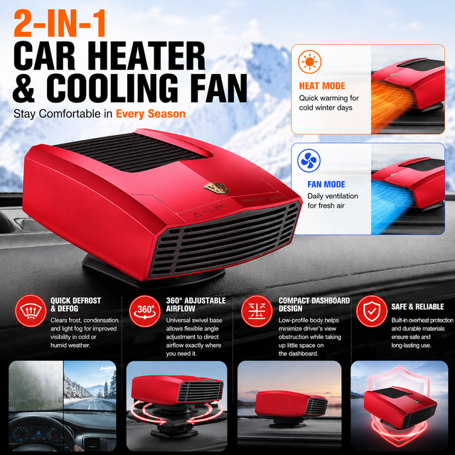 Red Compact Car Heater Fan with 360° Adjustable Base, Fast Defrost & Demister, Dual Mode Heat & Cooling Fan, Quiet Constant Tempe Dashboard Heater for Cars Winter Driving (12V / 150W)