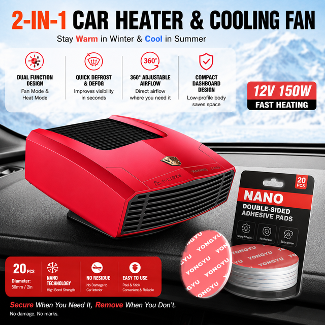 Red Compact 360° Adjustable Car Heater Fan with 20PCS Removable Nano Double Sided Adhesive Pads - Fast Defrost & Demister, Dual Mode Heat & Cooling Fan, Free No Trace Mounting Kit for Car Interior and Home Use