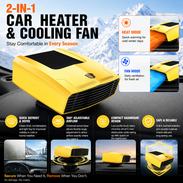 Yellow Compact Car Heater Fan with 360° Adjustable Base, Fast Defrost & Demister, Dual Mode Heat & Cooling Fan, Quiet Constant Tempe Dashboard Heater for Cars Winter Driving (12V / 150W)