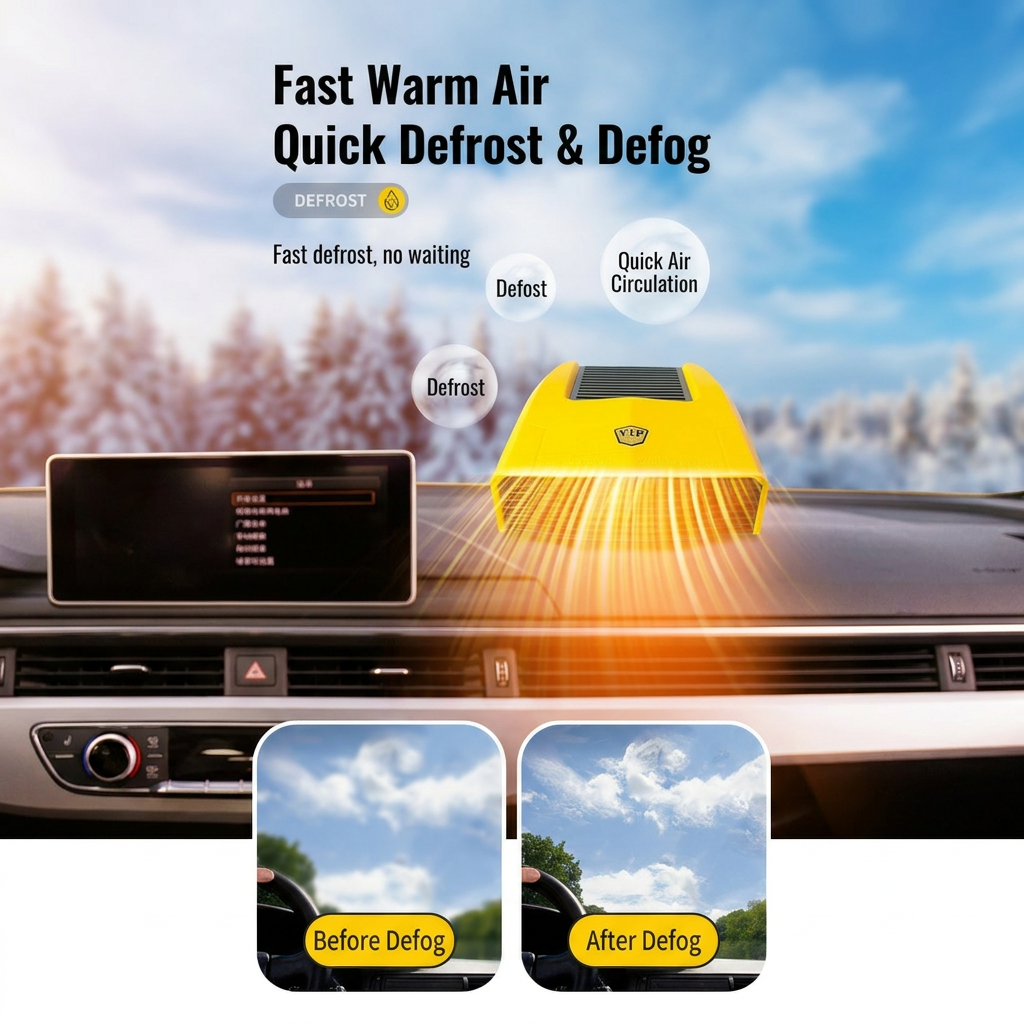 Yellow Compact 360° Adjustable Car Heater Fan with 20PCS Removable Nano Double Sided Adhesive Pads - Fast Defrost & Demister, Dual Mode Heat & Cooling Fan, Free No Trace Mounting Kit for Car Interior and Home Use