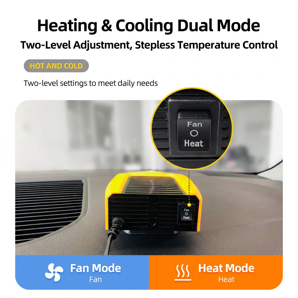 Yellow Compact 360° Adjustable Car Heater Fan with 20PCS Removable Nano Double Sided Adhesive Pads - Fast Defrost & Demister, Dual Mode Heat & Cooling Fan, Free No Trace Mounting Kit for Car Interior and Home Use