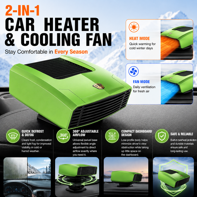 Green Compact Car Heater Fan with 360° Adjustable Base, Fast Defrost & Demister, Dual Mode Heat & Cooling Fan, Quiet Constant Tempe Dashboard Heater for Cars Winter Driving (12V / 150W)