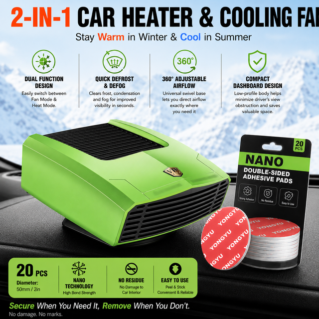 Green Compact 360° Adjustable Car Heater Fan with 20PCS Removable Nano Double Sided Adhesive Pads - Fast Defrost & Demister, Dual Mode Heat & Cooling Fan, Free No Trace Mounting Kit for Car Interior and Home Use