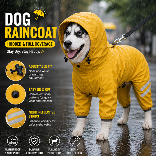 Yellow Waterproof Full Body Dog Raincoat with Adjustable Hood & Waist, Easy Snap Closure and Hidden Leash Opening - Lightweight Four-Leg Reflective Pet Rain Suit for Small Medium Large Dogs, L Size