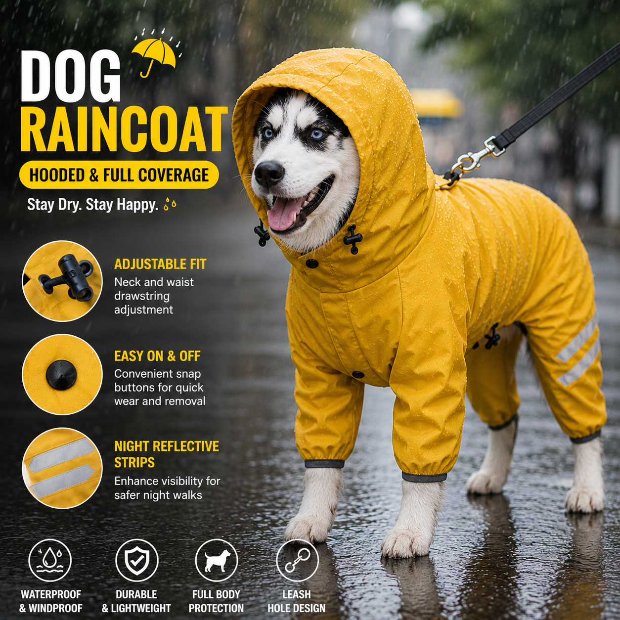 Yellow Waterproof Full Body Dog Raincoat with Adjustable Hood & Waist, Easy Snap Closure and Hidden Leash Opening - Lightweight Four-Leg Reflective Pet Rain Suit for Small Medium Large Dogs, XL Size