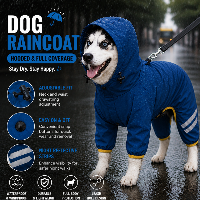 Blue Waterproof Full Body Dog Raincoat with Adjustable Hood & Waist, Easy Snap Closure and Hidden Leash Opening - Lightweight Four-Leg Reflective Pet Rain Suit for Small Medium Large Dogs, XXL Size